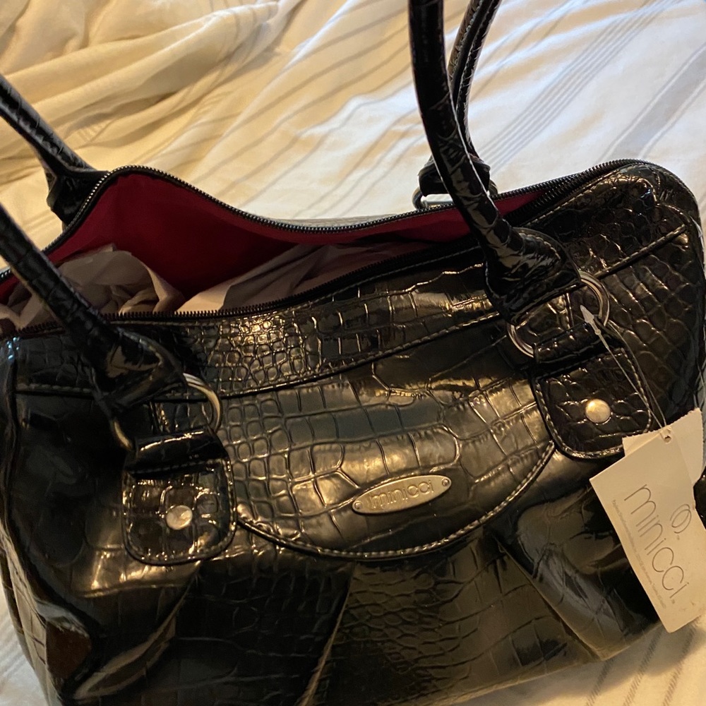 New, never used faux black leather Minicii short handle handbag
